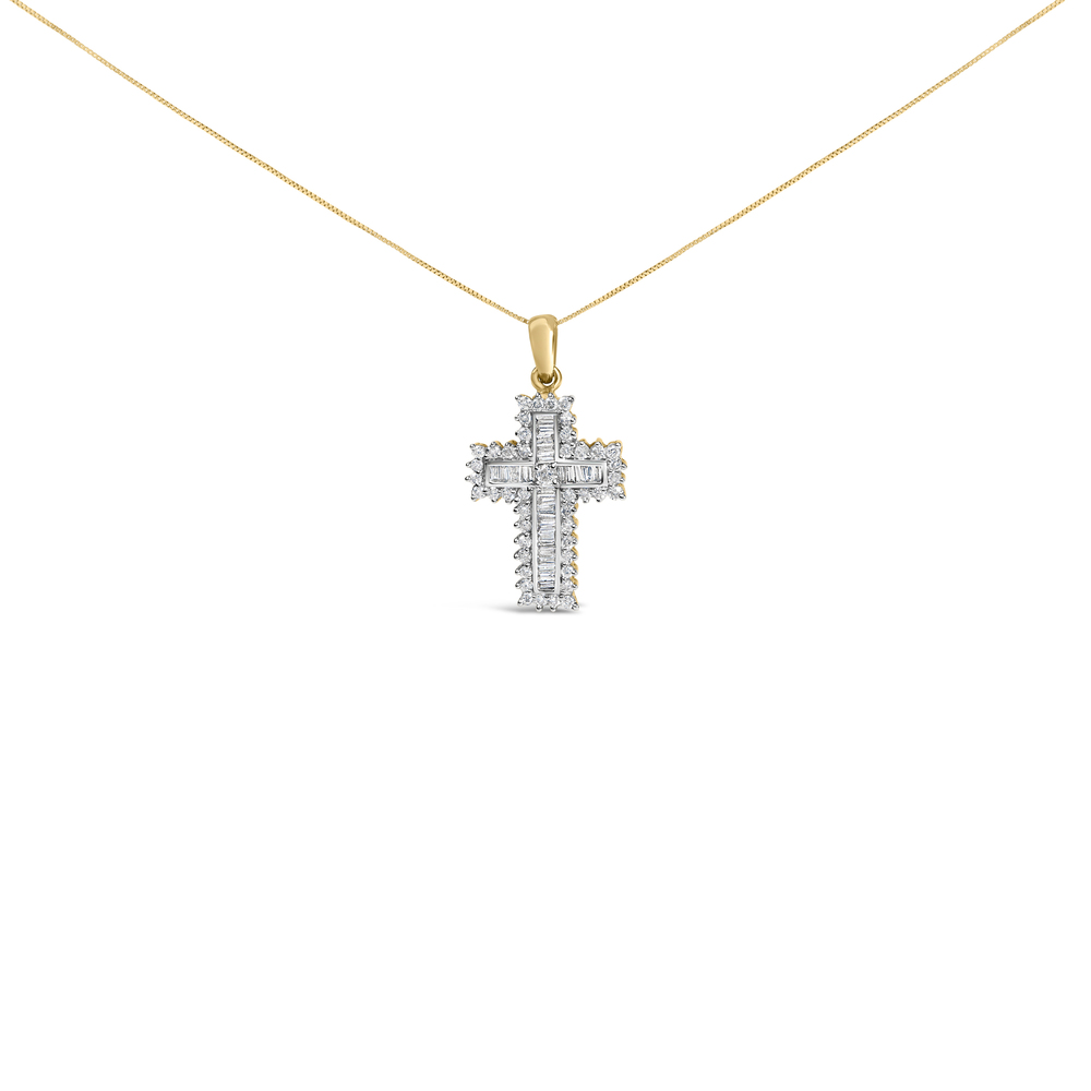 14K Yellow Gold 2.0 Cttw Multi-Row Diamond Cross Pendant Necklace